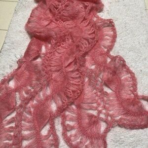 Fluffy pink angora scarf, crochet lace, new, handmade , fabulous, 64” x10”